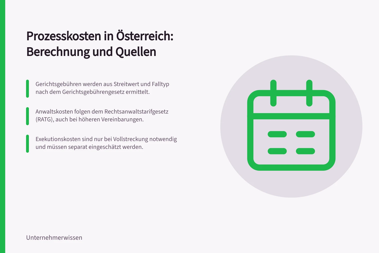 Prozesskosten in Österreich: Berechnung und Quellen: Gerichtsgebühren werden aus Streitwert und Falltyp nach dem Gerichtsgebührengesetz ermittelt.; Anwaltskosten folgen dem Rechtsanwaltstarifgesetz (RATG), auch bei höheren Vereinbarungen.; Exekutionskosten sind nur bei Vollstreckung notwendig und müssen separat eingeschätzt werden.